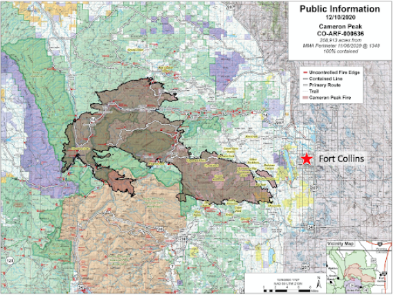 Illustrated map of the extent of the Cameron Peak Fire