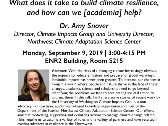 Flyer for "What does it take to build climate resilience, and how can we [academia] help?" event.