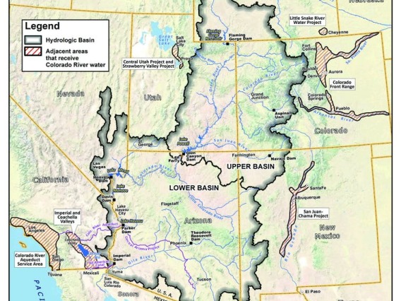 Illustrated map of lower and upper basins of the Colorado River.