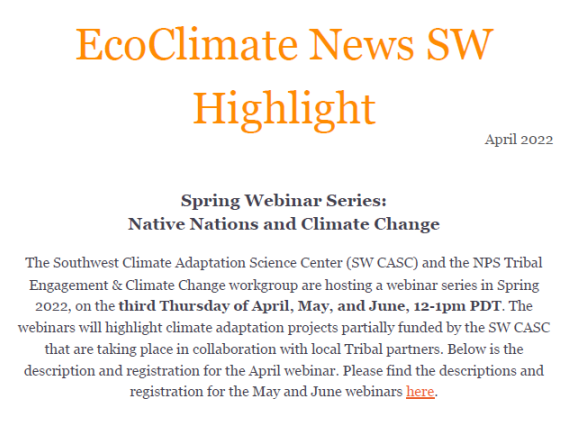 Screenshot of April 2022 SW CASC newsletter.