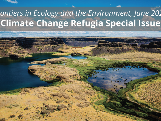 Image of an example of a climate change refugia with foliage and water surrounded by cliffs. Reads: Frontiers in Ecology and the Environment, June 2020 - Climate Change Refugia Special Issue
