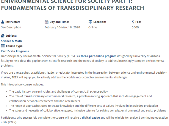 Screenshot of a course description for Environmental Science for Society Part 1: Fundamentals of Transdisciplinary Research