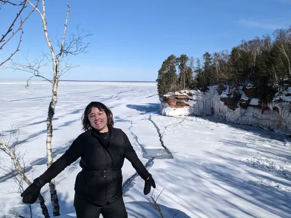 Erin in the snow with blue sky