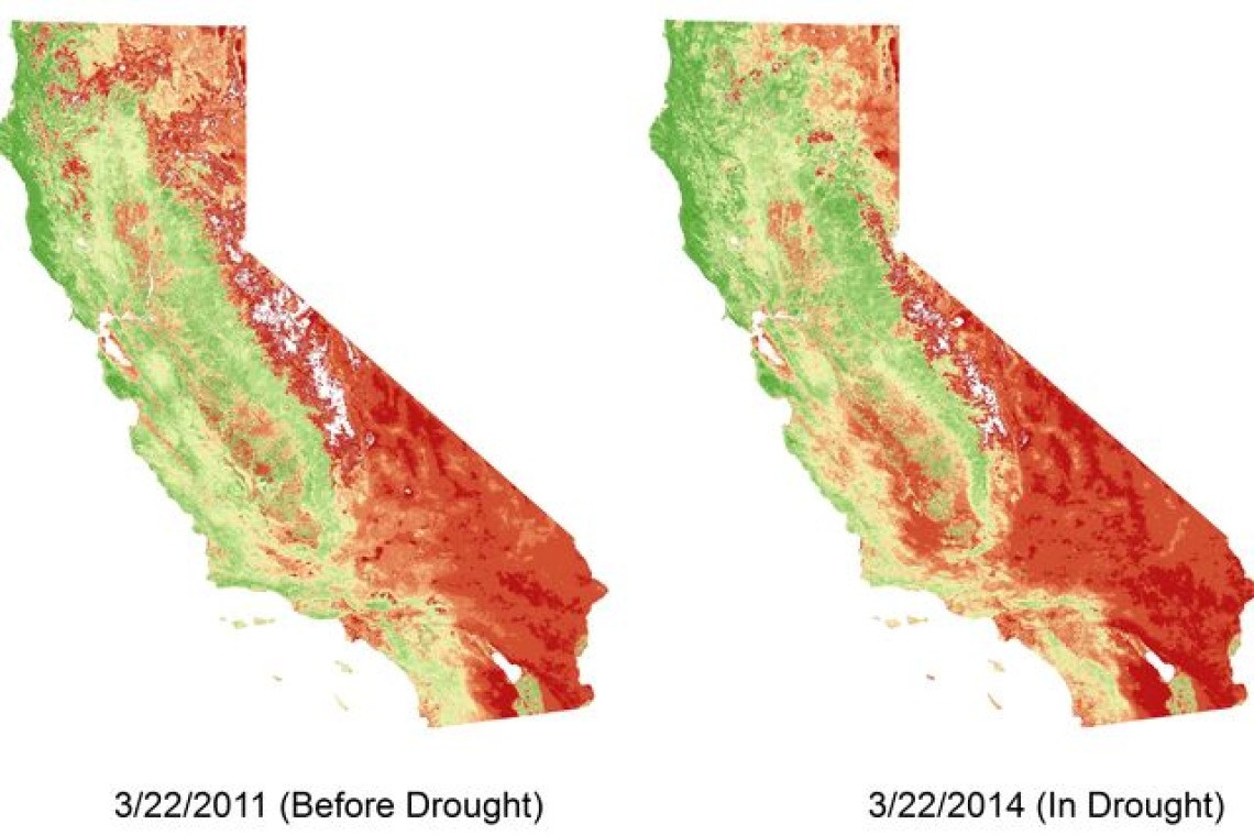 2 illustrated maps of California side by side showing the before and after impact of it being in a drought.