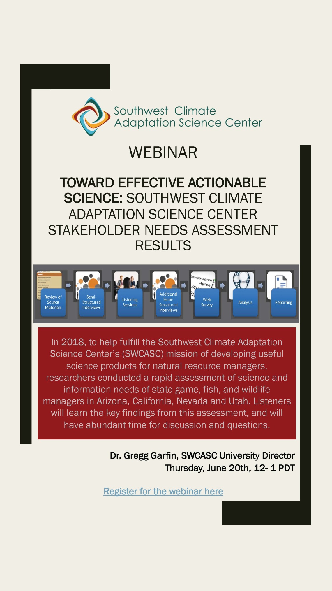 Flyer for the webinar titled: Toward Effective Actionable Science: Southwest Climate Adaptation Science Center Stakeholder Needs Assessment Results