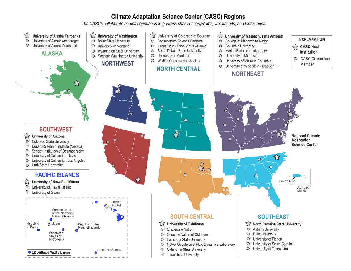 Illustrated map of the different regions of the US that the CASC network covers.