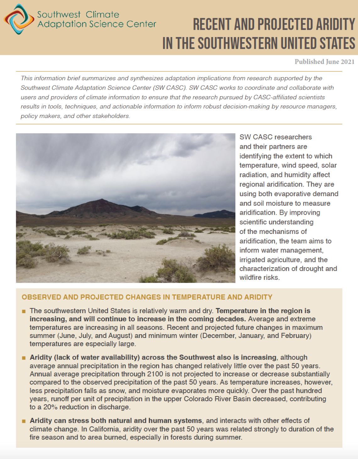 Flyer for Recent and Projected Aridity in the Southwestern United States.